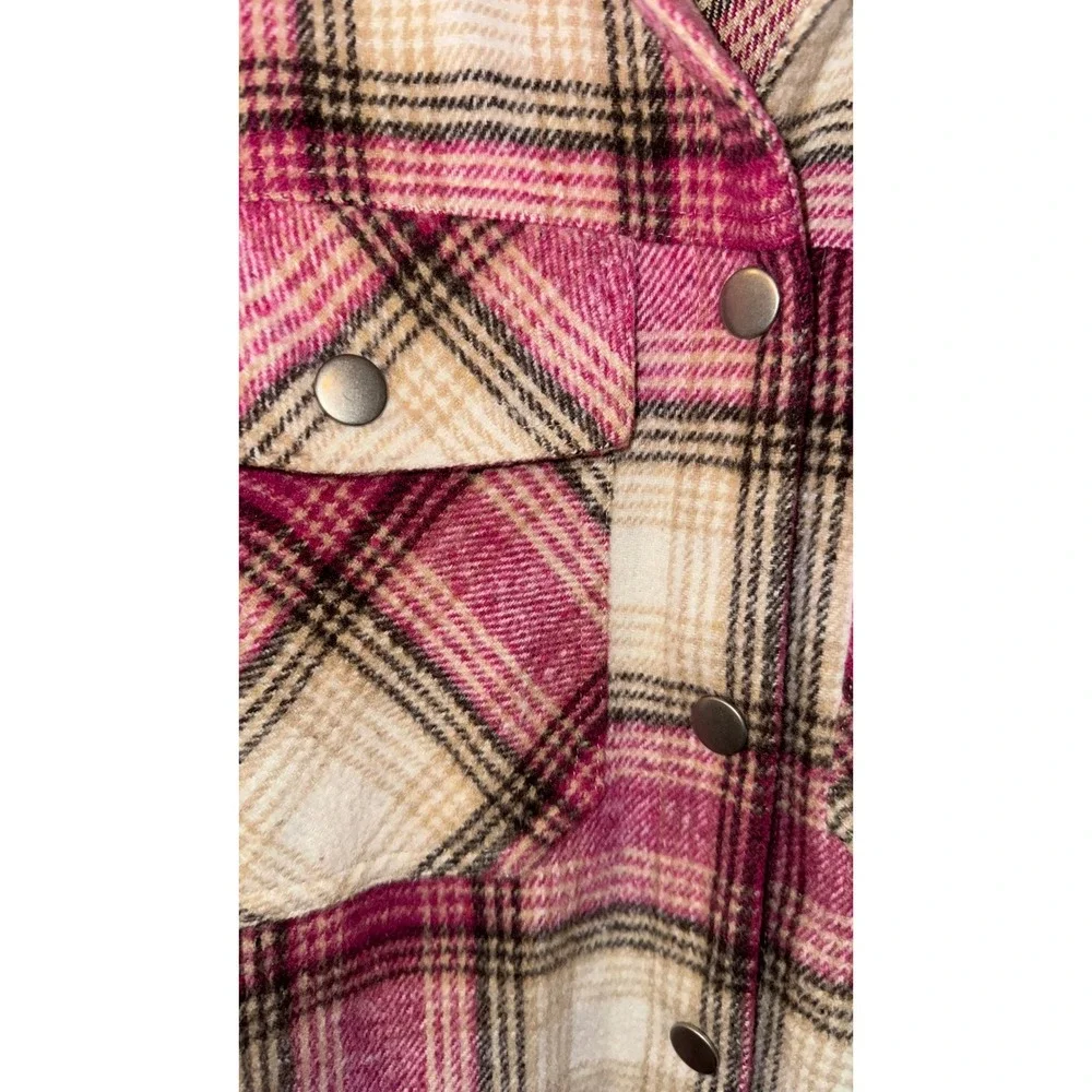 Umgee Plaid Denim Mixed Media Fringe Shacket Pink Brown K6246 Mens M